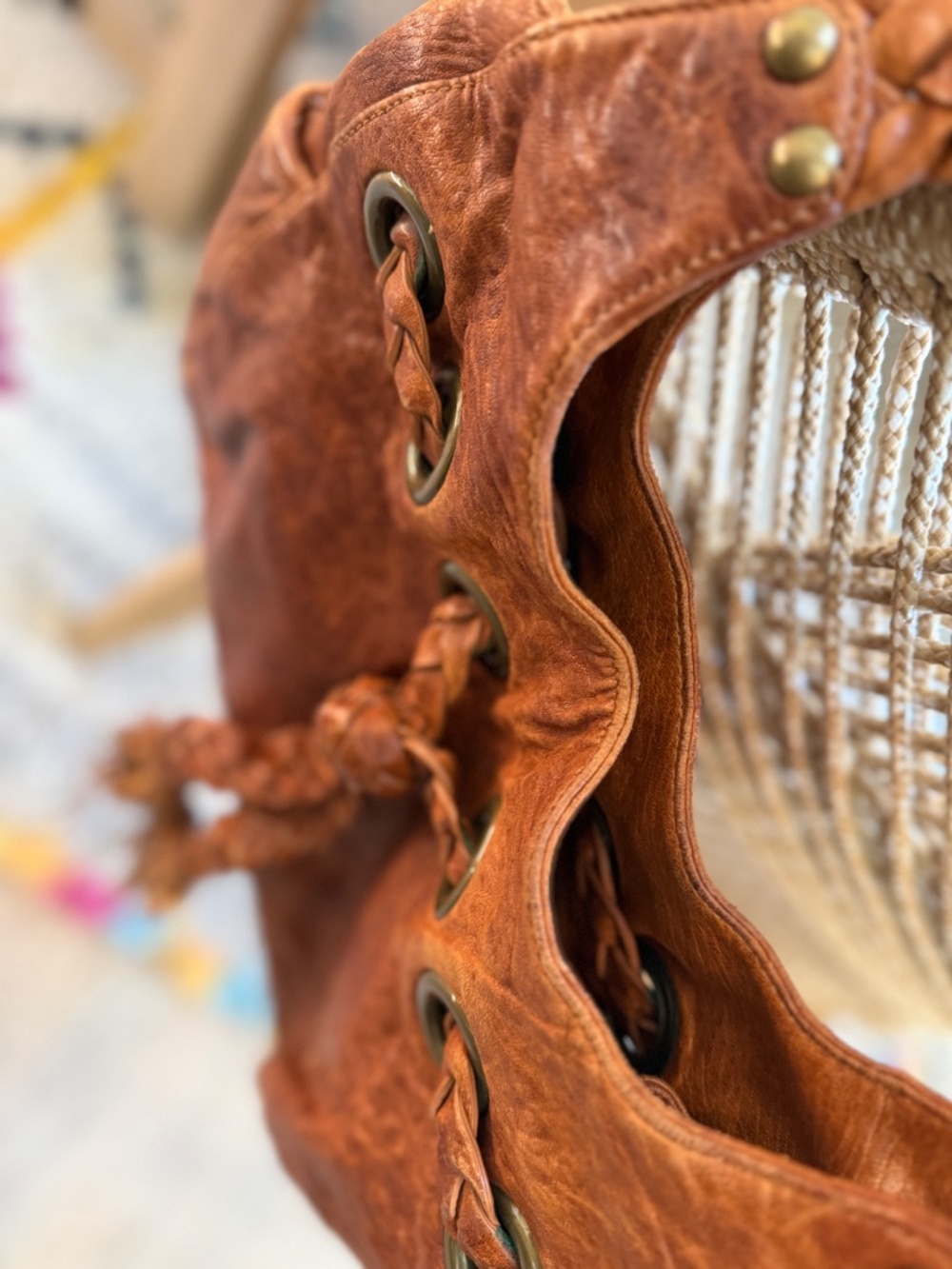 Kooba “Carla” light brown leather shoulder bag w/braiding detail & side pockets - Picture 7 of 12